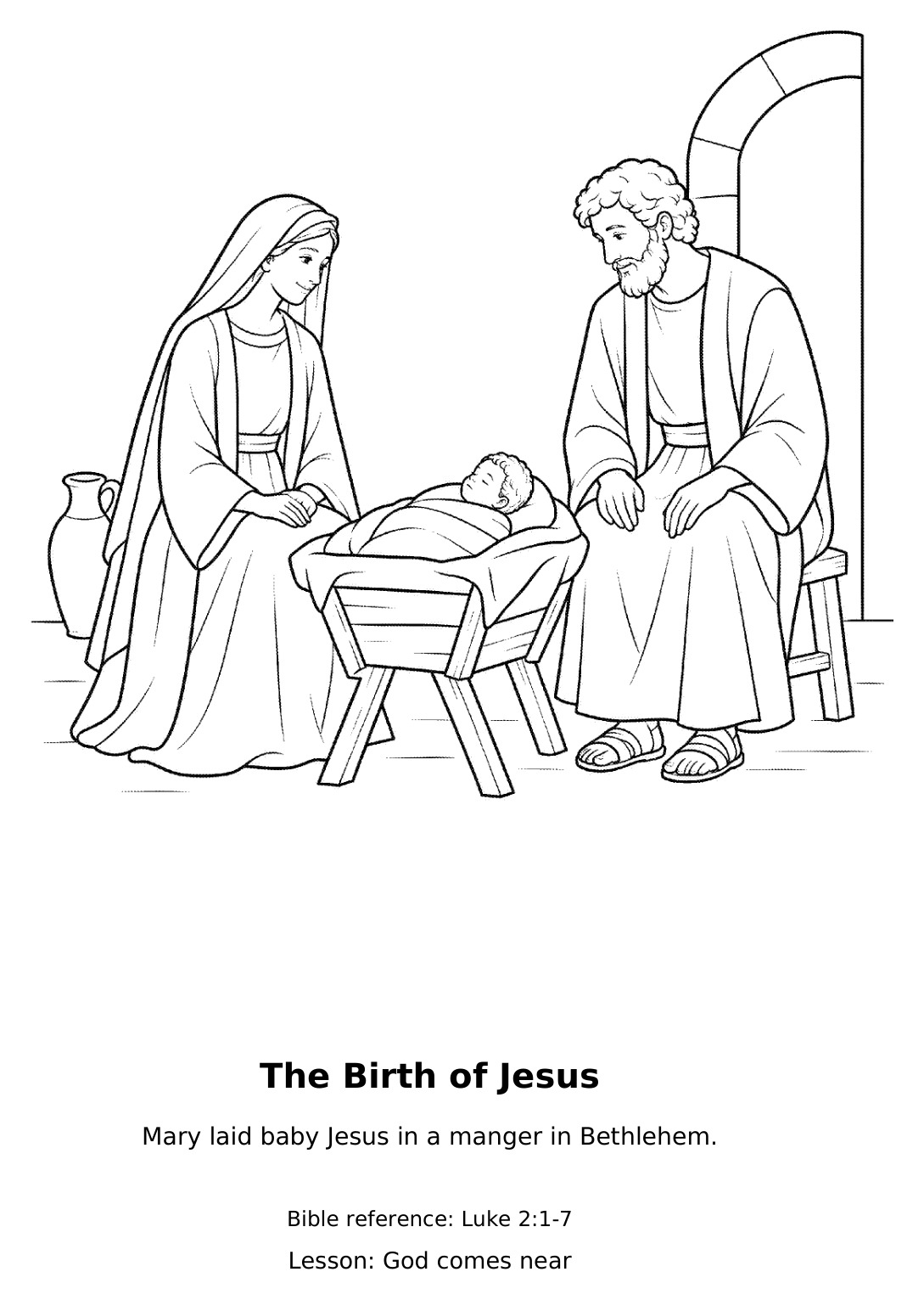 Full coloring page: The Birth of Jesus, with the lesson God comes near