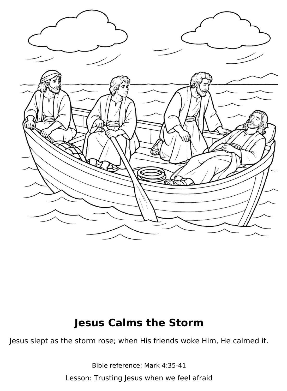 Full coloring page: Jesus Calms the Storm, with the lesson Trusting Jesus when we feel afraid