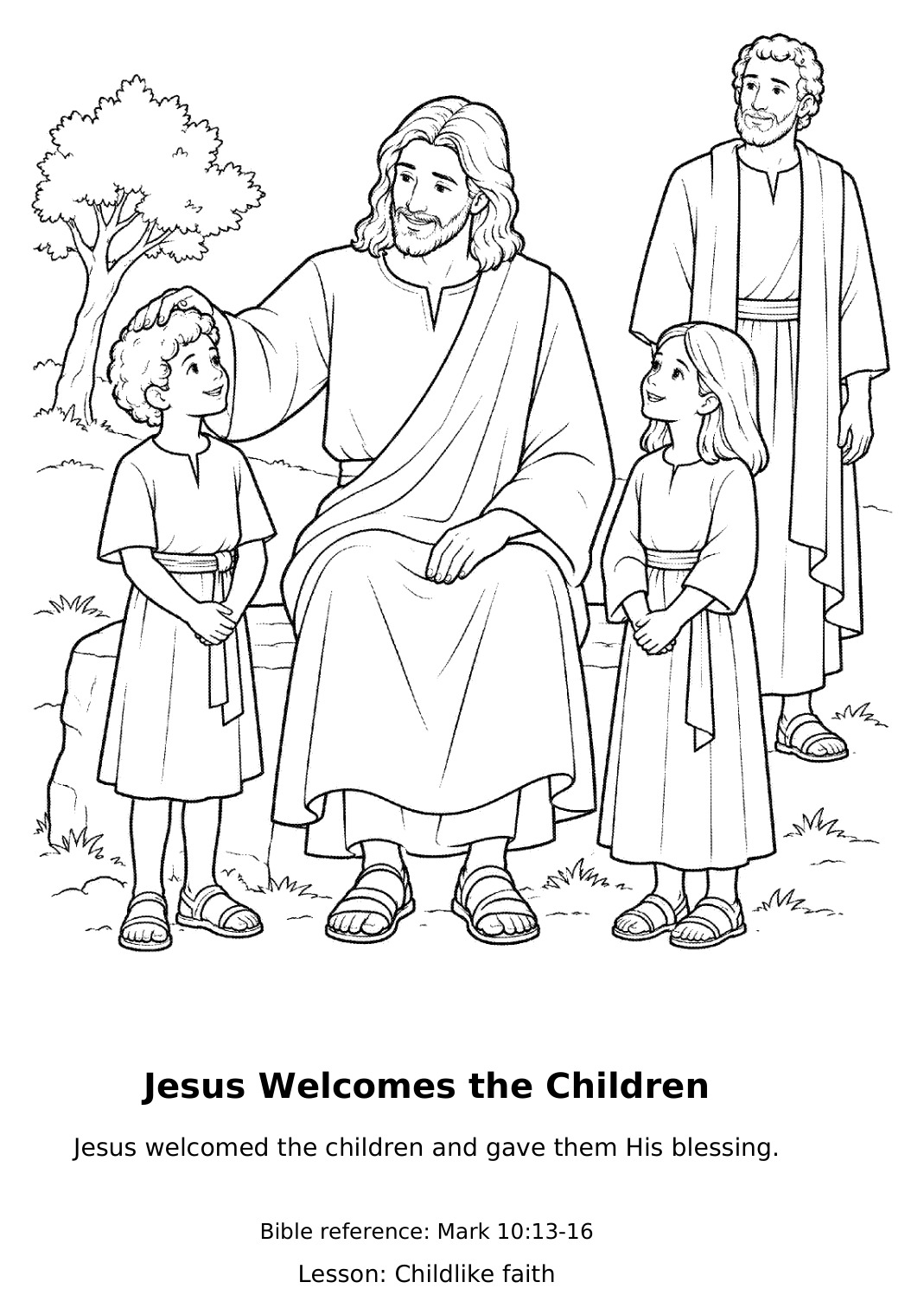 Full coloring page: Jesus Welcomes the Children, with the lesson Childlike faith